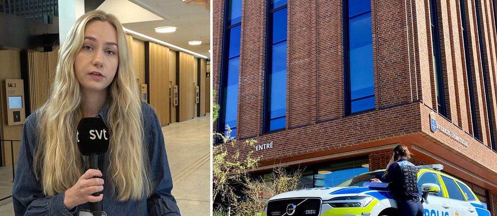 Delad bild. Till vänster: reporter med SVT-mikrofon. Till höger: polisbil utanför byggnad.
