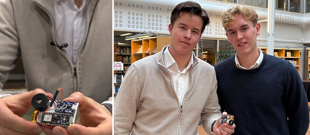 Tvådelad bild. Vänster: närbild av en teknisk manick i händer. Höger: två personer håller manicken.