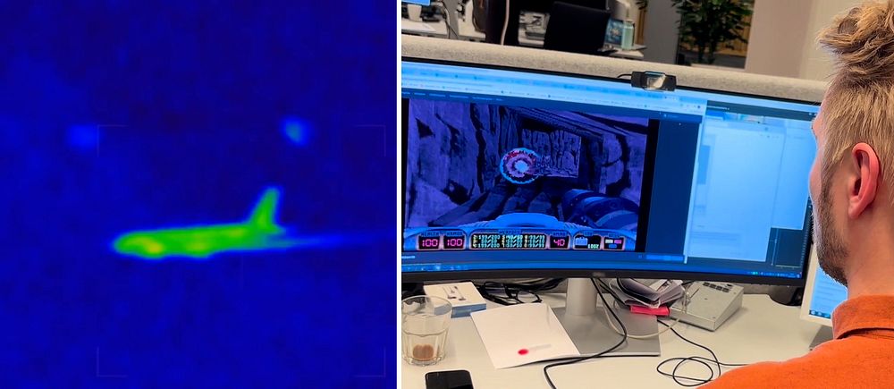 Delad bild. Till vänster: termisk bild av flygplan. Till höger: person vid dator med Duke Nukem 3D på skärm.