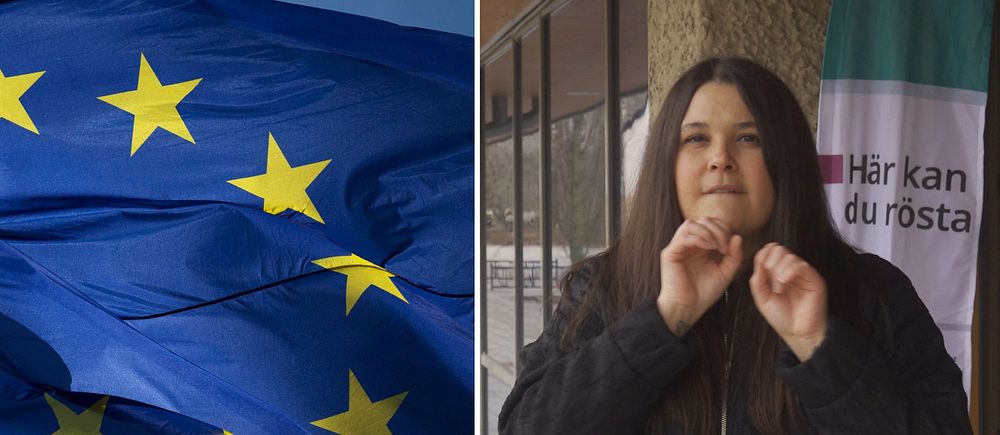 Reportern Antonia står och tecknar ”information” framför en vimpel med texten ”Här kan du rösta”. Till vänster syns en EU-flagga.