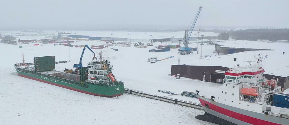 Två stora fartyg och en lyftkran i Piteå hamn.