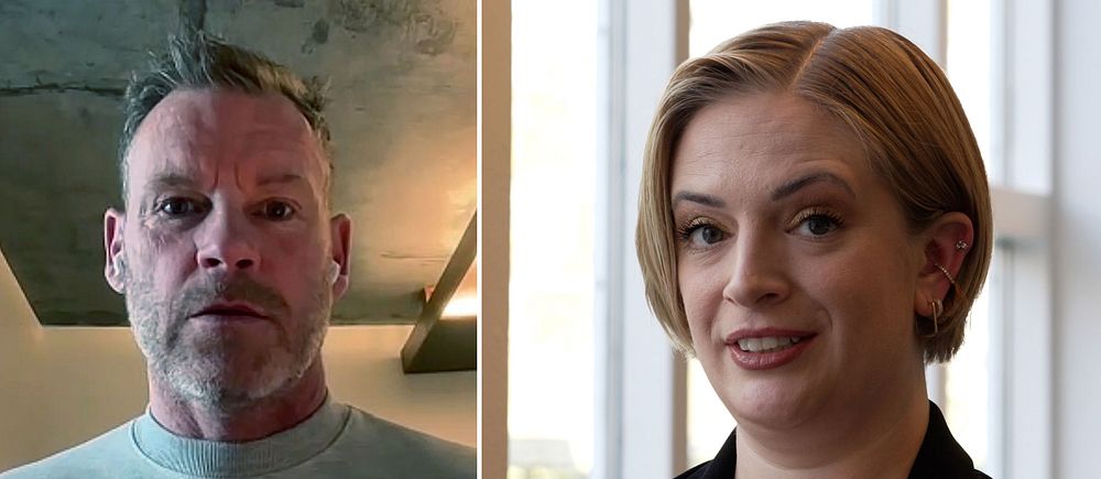 Delad bild. Vänster: person i grå tröja. Höger: person i svart kavaj.