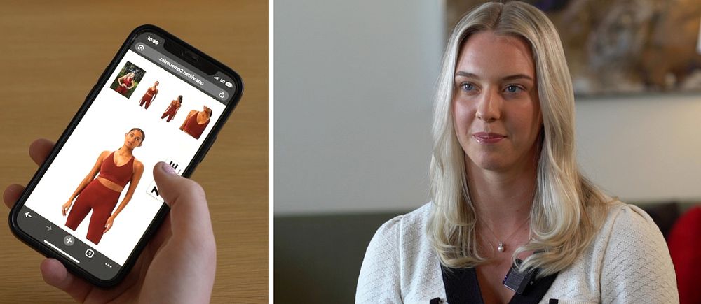 Tvådelad bild. Vänster: hand håller mobil, visar klädbutik. Höger: person i vit kofta.