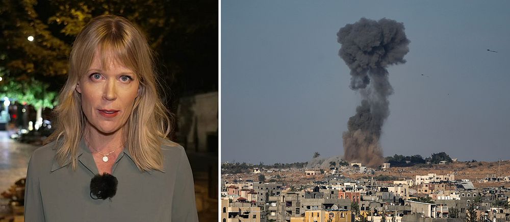 Två bilder. SVT:s Stina Blomgren och rökpelare över Gaza.