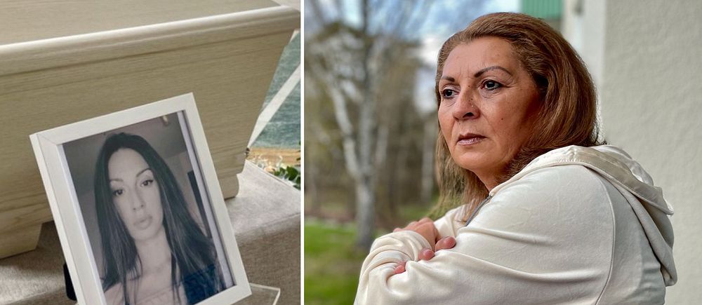 Bild på Nora vid hennes begravning samt en bild på mamman som blickar ut från en balkong.