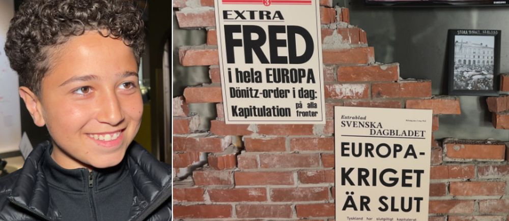 Delad bild. Till vänster: ung kille i jacka. Till höger: murad vägg med historiska tidningsrubriker om fred.