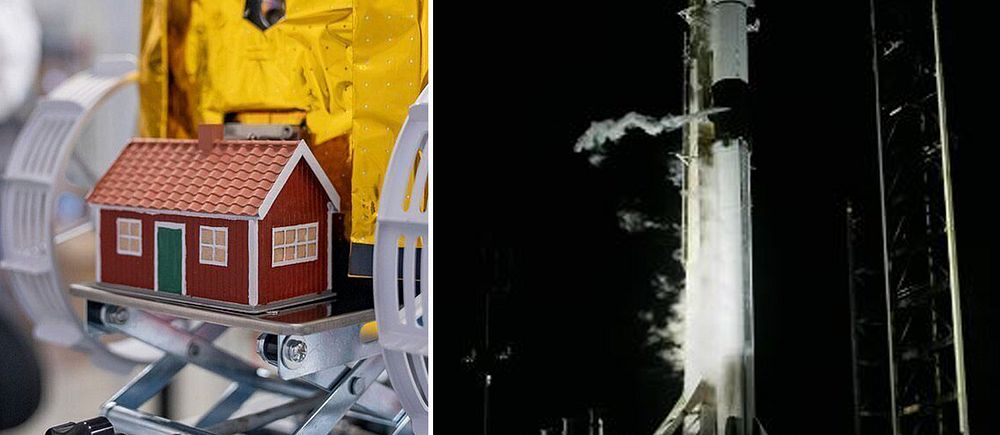 Bildens vänstra sida visar en modell av en rymdfarkost utrustad med en liten röd trähusmodul, medan den högra sidan visar en raket, troligen en SpaceX Falcon-raket, redo för lansering med synliga ånga och ljussättning i mörker.