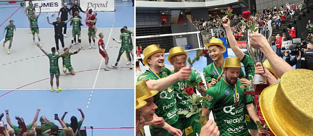 Delad bild. Vänster: handbollslag på spelplanen. Höger: laget firar med troféer.
