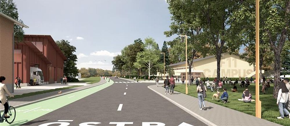 Gågata med cykelbana, människor promenerar och sitter i en grönskande parkmiljö. Ett flygplan syns.