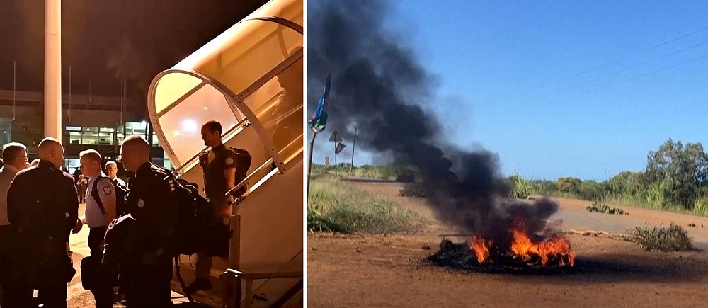 Franska militärer på väg ut från flygplan, eld brinner i Nya Kaledonien