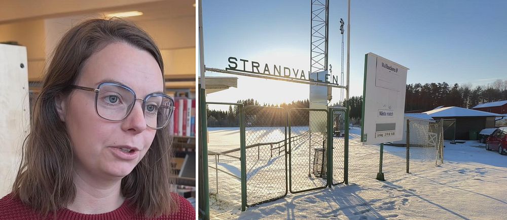 en kvinna samt en fotbollsplan
