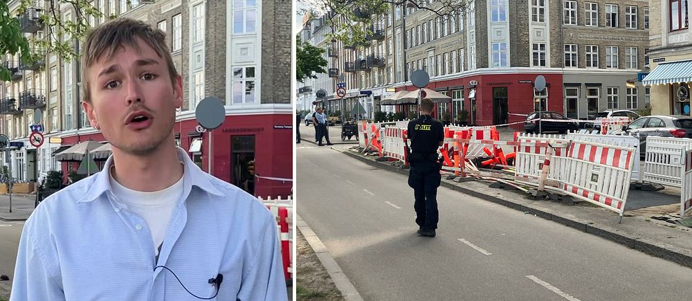 Delad bild. Till vänster: person i skjorta. Till höger: avspärrad gata med polis på plats.