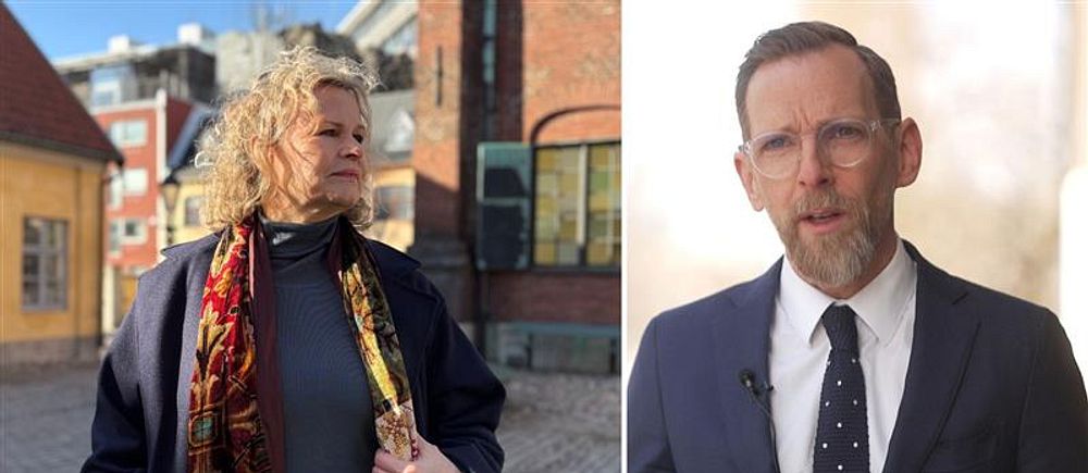 Delad bild. Vänster: Person på gågata. Höger: Affärsklädd man inomhus.