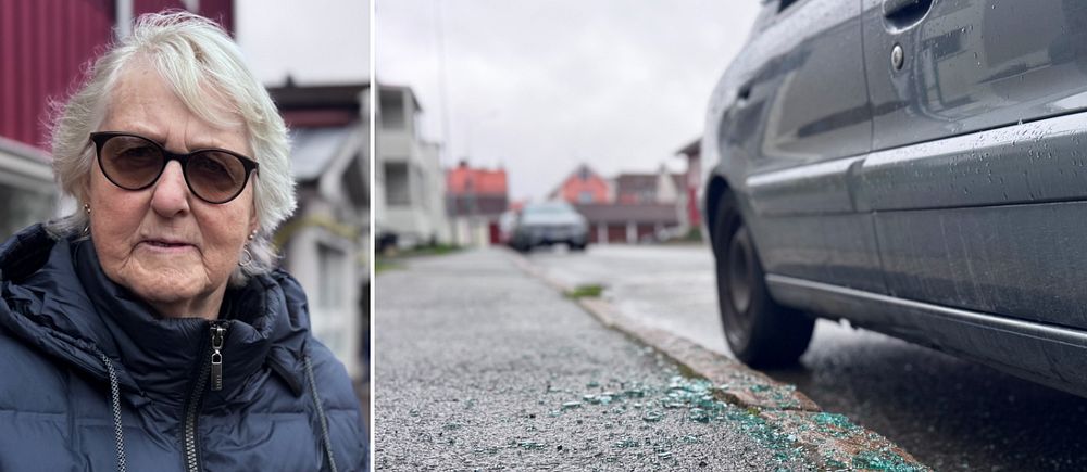 Delad bild. Till vänster: person i blå jacka utomhus. Till höger: bil och glassplitter på gatan.