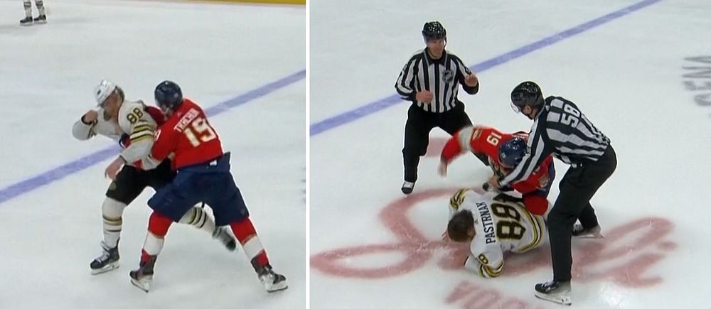 Vilt slagsmlå mellan David Pastrnak och Matthew Tkachuk i NHL-slutspelet