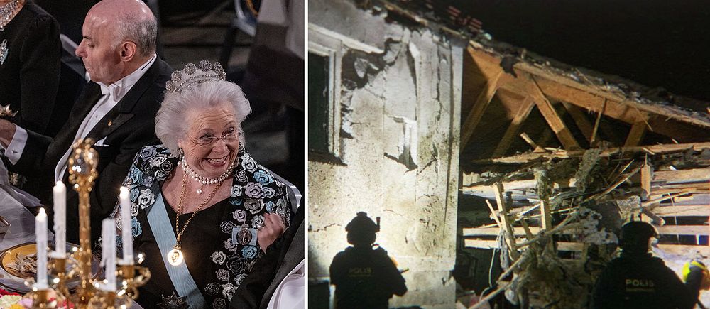 Tvådelad bild. Vänster: Galamiddag med prydliga kläder. Höger: Poliser vid husruin i mörker.