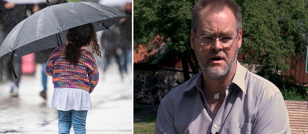 SVT:s meteorolog Per Stenborg och ett foto med ett barn som håller i ett paraply.