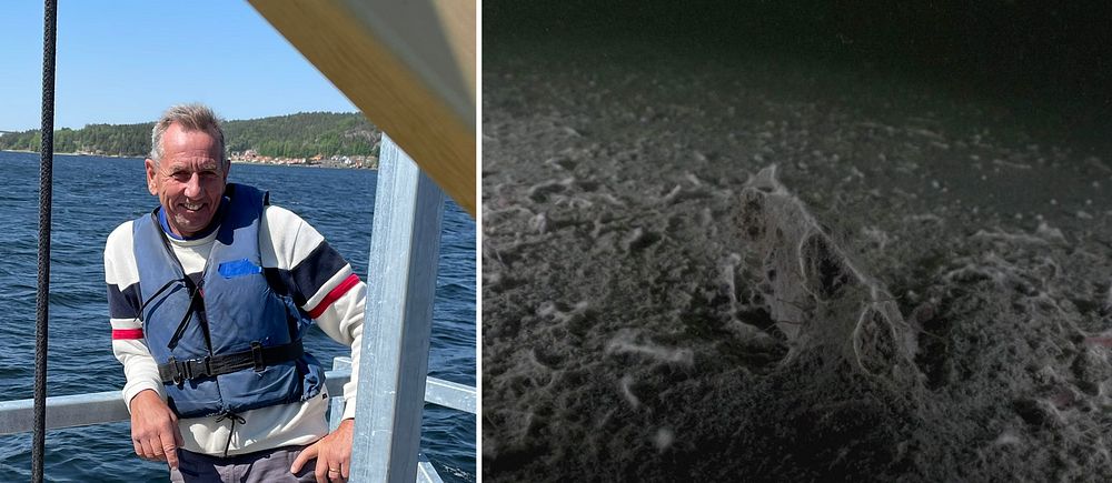 Lars-Olof Axelsson står på pumpflotten intill bild av den döda havsbotten