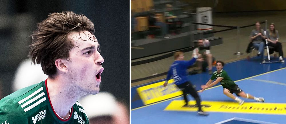 Delad bild. Till vänster: Handbollsspelare i grön tröja. Till höger: Handbollsmål action.