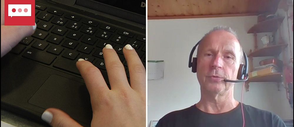 Händer som skriver på dator till vänster, Henrik Bjerneld till höger
