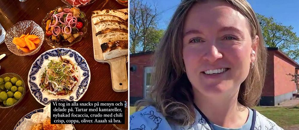 Delad bild. Till vänster: olika rätter på ett matbord. Till höger: person utomhus vid röd byggnad.