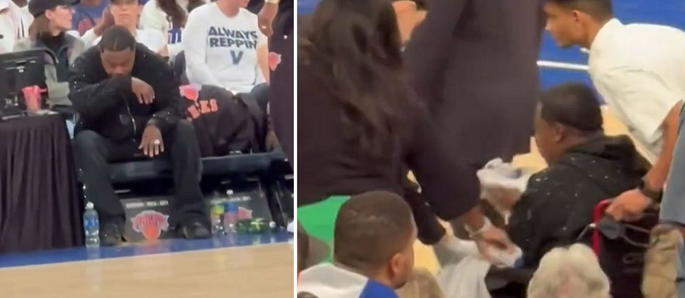Tvådelad bild. Vänster: åskådare på basketmatch. Höger: personer hjälper en åskådare som ramlat.