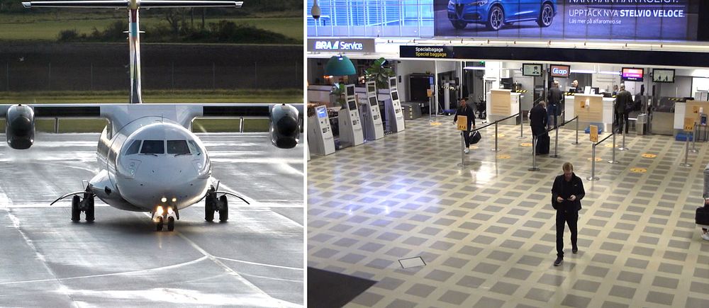 Delad bild. Till vänster: flygplan på landningsbana. Till höger: nästan tom avgångshall.