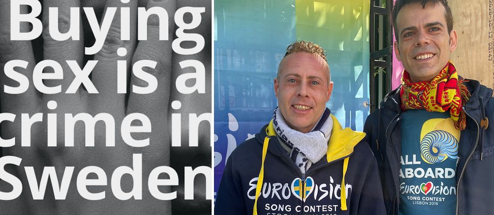 Två män i Eurovisionkläder som tycker till om kampanjen mot sexköp