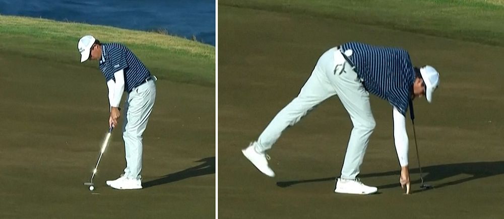 Tvådelad bild. Vänster: golfare puttar. Höger: plockar upp bollen efter lyckad putt.