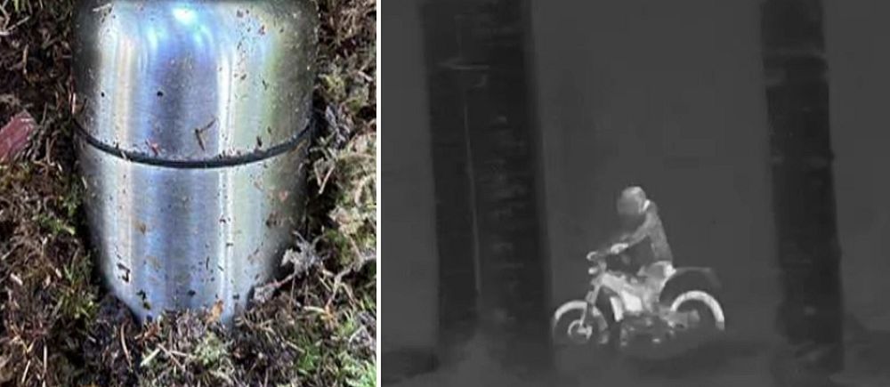 Delad bild. Till vänster: nedgrävd metallbehållare i marken. Till höger: värmebild av motorcyklist.