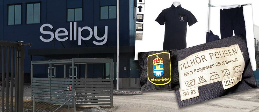 Delad bild. Vänster: Sellpys lagerbyggnad. Höger: polisuniform och etikett med där det står ”Tillhör Polisen”.