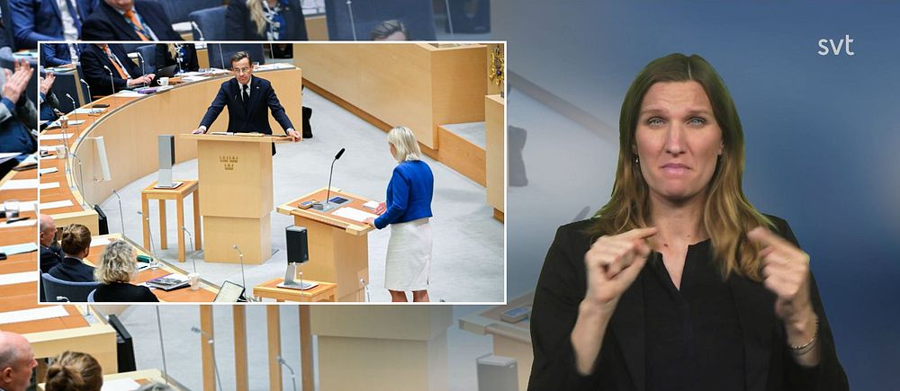 Mathilde tecknar debatt bredvid en bild på riksdagen