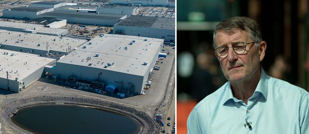 Northvolts stora fabriksområde med stora industribyggnader och vattenreservoar, delad bild med EQT:s ordförande Conni Jonsson i skjorta.