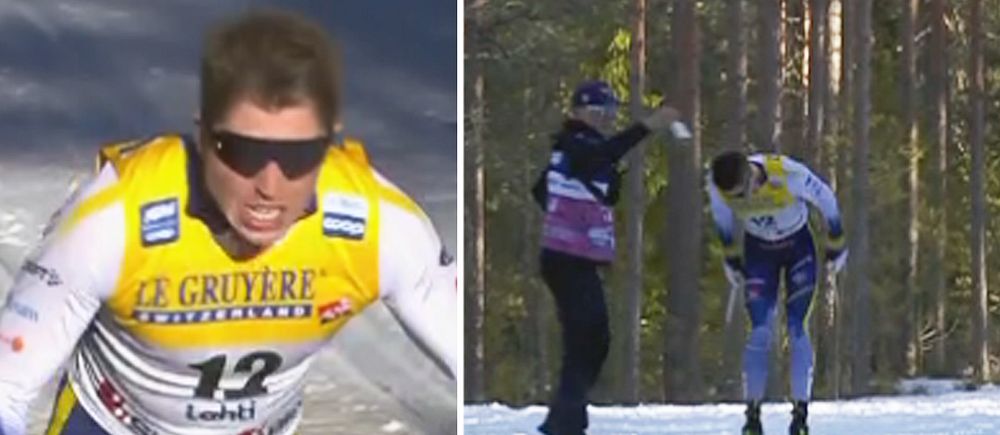 Tvådelad bild. Till vänster: en skidåkare i gul tävlingsdräkt. Till höger: skidåkare med stavhjälp.