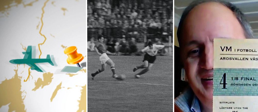 Tredelad bild. Vänster: Karta med flygplan och nål. Mitten: Fotbollsmatch från historisk tid.