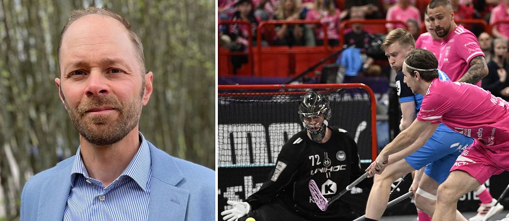 Delad bild. Till vänster en person i blå kavaj, till höger innebandymatch med målvakt och spelare.