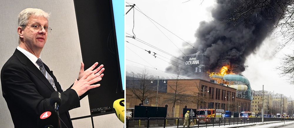 Delad bild. Vänster: person talar vid podiet. Höger: byggnad i brand med rök.