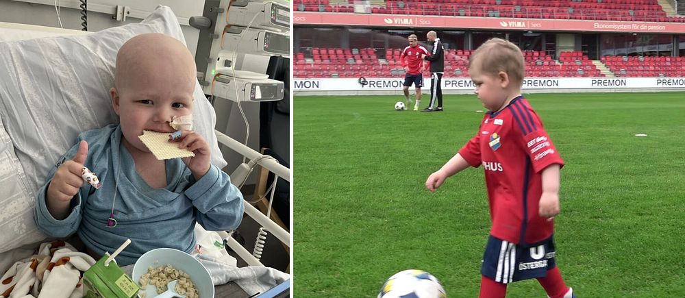 Delad bild. Till vänster: barn på sjukhus. Till höger: barn spelar fotboll på arena.