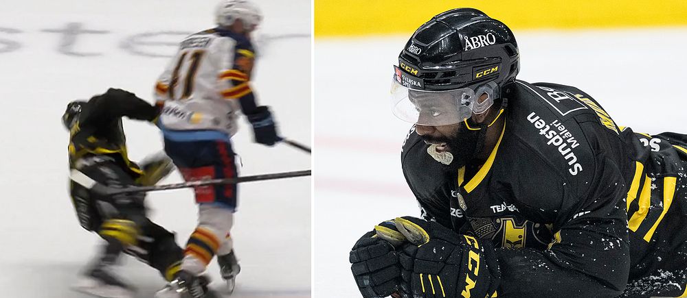 Delad bild. Vänster: hockeyspelare tacklar motståndare. Höger: spelare på isen ligger ner.