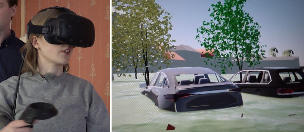 Tvådelad bild. Vänster: Person med VR-glasögon. Höger: Simulerad översvämning med bilar.