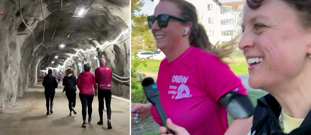 Delad bild. Till vänster: löpare i en upplyst tunnel, en servicetunnel intill Varbergstunneln. Till höger: intervju under löptävling utomhus.