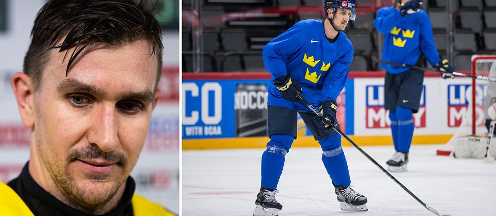 Delad bild. Till vänster: hockeyspelare i gult. Till höger: landslagsspelare på isen i blått.
