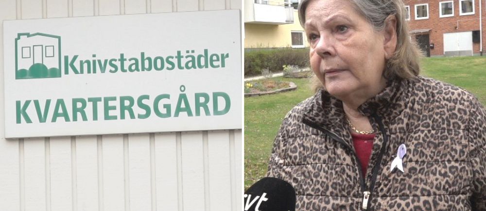 Tvådelad bild. Vänster: Knivstabostäder skylt. Höger: Person intervjuas utomhus.