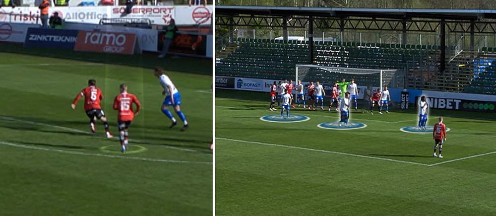Delad bild. Till vänster: fotbollsspelare i spelmoment. Till höger: hörnsituation vid mål.