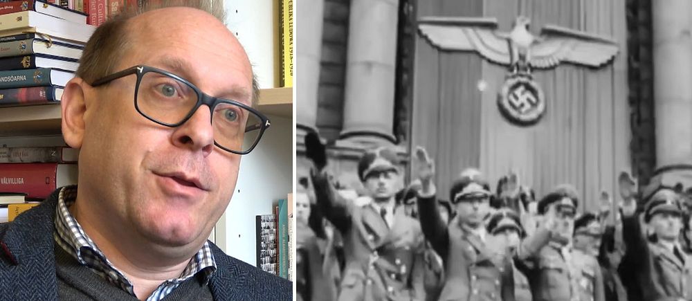 Tvådelad bild.  Till vänster: Historikerin Per Anders Rudling sitter i sitt kontor på Lunds universitet. Till höger: nazistledare i Ukraina gör Hitlerhälsningar vid invigningen av en frivillig SS-brigad i Lviv 1943.