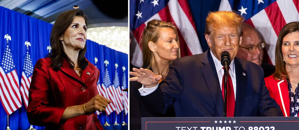 Nikki Haley och Donald Trump på scen efter primärvalet i South Carolina