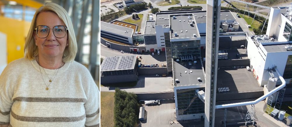 Delad bild. Till vänster: kvinna i randig tröja. Till höger: flygfoto över industribyggnad.