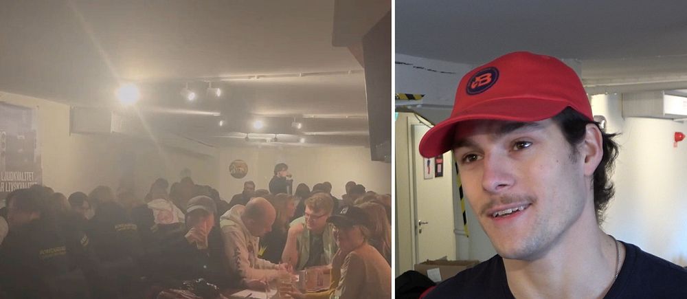 Tvådelad bild. Vänster: Människor som sitter i en källarlokal och roar sig. Höger: Person i röd keps och mörk tröja. Ordförande för studenternas kårhus.