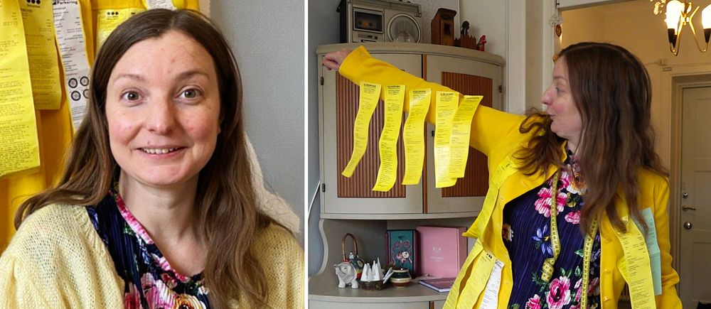 Emma Gustafsson sitter i sitt kök framför en gul klänning som hon har sytt fast parkeringsböter på.