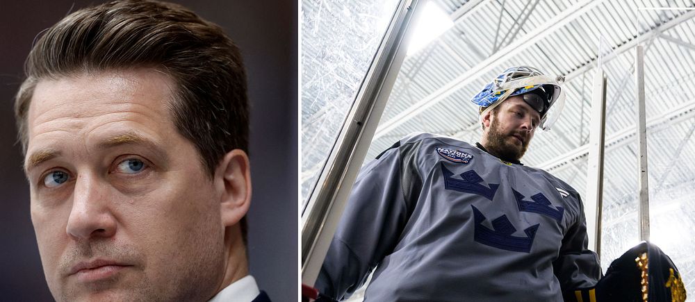 Delad bild. Till vänster en person i kostym, till höger en hockeyspelare i svensk landslagströja.